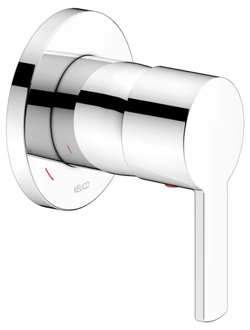 Kreuzgriff-Armatur von Keuco in verchromter Ausführung, runde Montageplatte mit rotem Indikator für Warmwasser, senkrechte Betätigung.